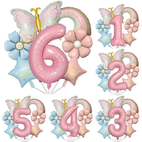 Pink Butterfly Aluminum Foil Balloon Set Daisy Rainbow Star Happy Birthday Decoration Kit For Girls Kids Party Favors With Ribbon Straw