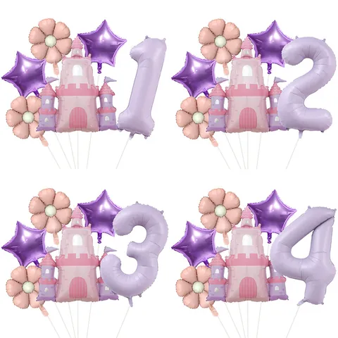 Ensemble de Ballons en Feuille d'Aluminium Château de Princesse Nombre Violet Marguerite Fleur Décorations de Fête d'Anniversaire