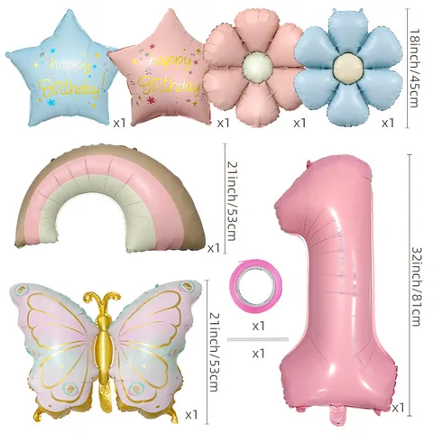 Pink Butterfly Aluminum Foil Balloon Set Daisy Rainbow Star Happy Birthday Decoration Kit For Girls Kids Party Favors With Ribbon Straw