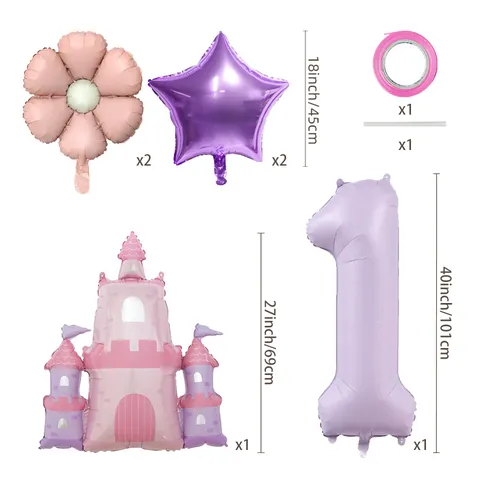 Ensemble de Ballons en Feuille d'Aluminium Château de Princesse Nombre Violet Marguerite Fleur Décorations de Fête d'Anniversaire