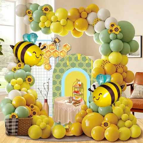 Bee Theme Birthday Party Balloon Arch Kit Yellow Sage Green White Latex Balloons Sunflower Decor Foil Bee Balloons For Party Decoration