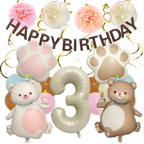 Teddybär Geburtstag Party Deko Set Aluminiumfolie Ballons Milchweiß Nummer Braun Banner Für Kinder Baby Shower Dekoration