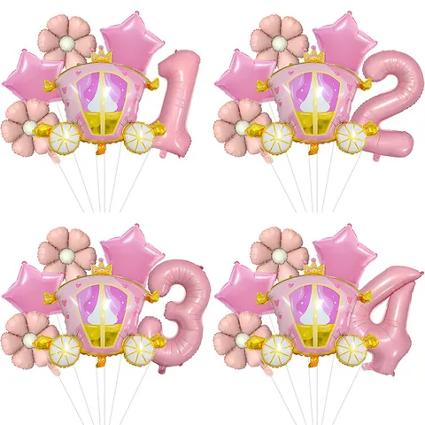 Pink Princess Carriage Aluminum Foil Balloon Set With Large Number Daisy Flower Star For Girls Birthday Party Decoration