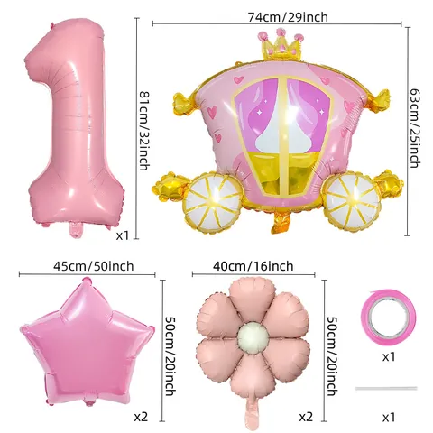 Pink Princess Carriage Aluminum Foil Balloon Set With Large Number Daisy Flower Star For Girls Birthday Party Decoration