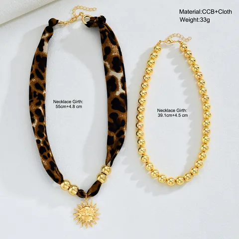 Collier Double Couche Vintage Imprimé Léopard pour Femmes Or Perles en Plastique Électroplaqué Pendentif Soleil Bijoux