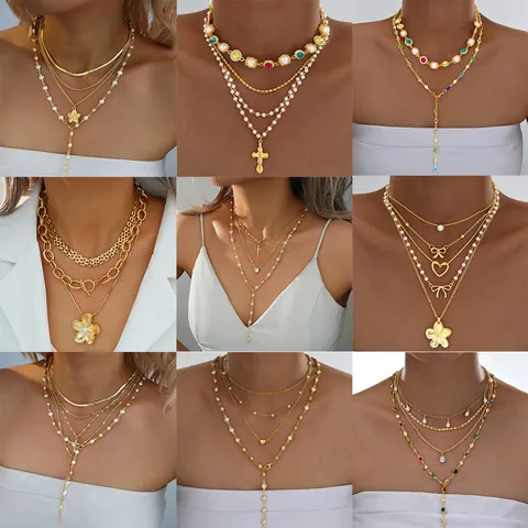 Collar de Capas de Aleación para Mujer Con Colgante Corazón Cruz Mariposa Diamante Perla Artificial Joyas Bohemias Regalo