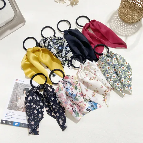 Korean Style Satin Bow Streamer Hair Tie Floral Solid Color Elegant Ribbon Scrunchies For Women Hair Accessories
