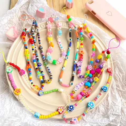 Handmade Colorful Beaded Phone Lanyard Polymer Clay Love Heart Star Evil Eye Artificial Pearl Anti-loss Phone Case Strap For Women