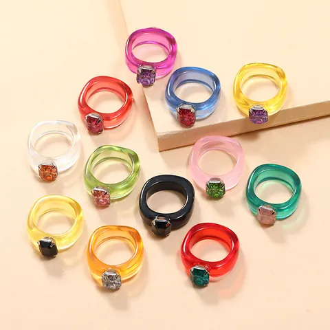 Chunky Resin Ring With Rectangle Inlaid Synthetic Gemstone Transparent Acrylic Candy Color Y2K Style Jewelry For Women