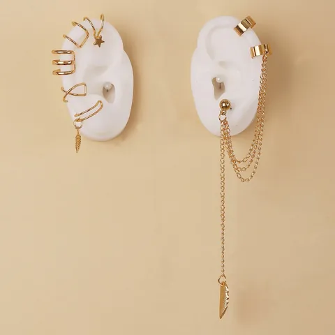 Alloy Ear Cuff Set For Women Gold Silver Black Color Leaf Star Design Non Pierced Clip On Earrings Fashion Jewelry Set