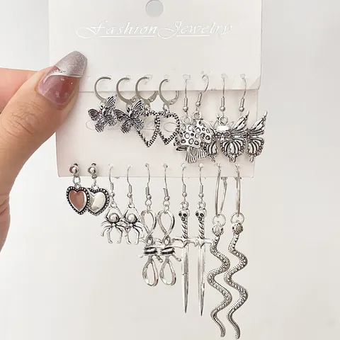 Vintage Silber Legierung Ohrringe Gothic Punk Schmetterling Schlange Schwert Pilz Spinne Skelett Halloween Party Schmuck