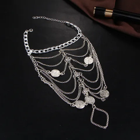 Tobillera Multicapa Bohemia Vintage de Aleación Con Borla de Moneda y Anillo de Dedo Joyería de Cuerpo Exótica Para Mujer
