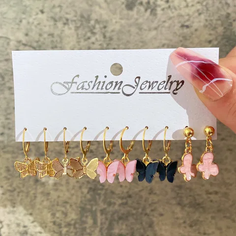 Set di Orecchini a Farfalla in Lega Acrilico Pendenti a Bottone Oro Argento Rosa Nero Gioielli di Moda Per Donna Quotidiano