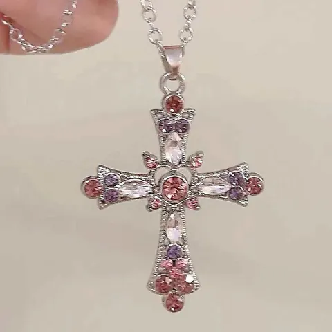 Gothic Alloy Faux Pearl Cross Pendant Necklace For Women Men Gold Silver Rhinestone Layered Chain Hip Hop Punk Jewelry Gift