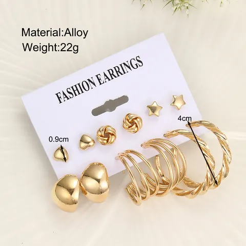 6 Paar Damen Gold Legierung Künstliche Perlen Ohrring Set Herz Stern Geometrisch Gedrehte Creolen C-Form Ohrstecker Schmuck