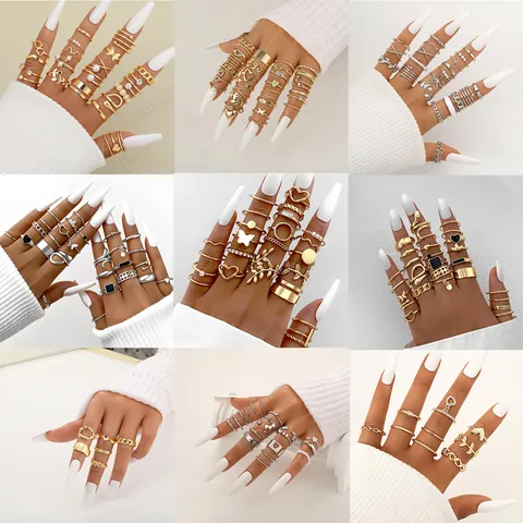 Vintage Gold Silber Legierung Ring Set Für Damen Schmetterling Herz Strass Künstliche Perle Boho Stapelbar Fingerring Schmuck
