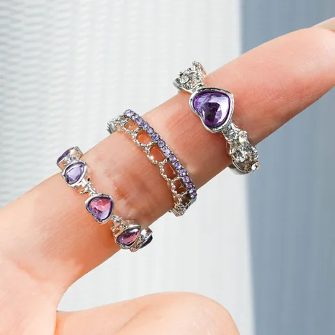 Sweet French Style Alloy Open Ring Set For Women Heart Star Purple Zirconia Bear Finger Ring Layered Jewelry Accessory