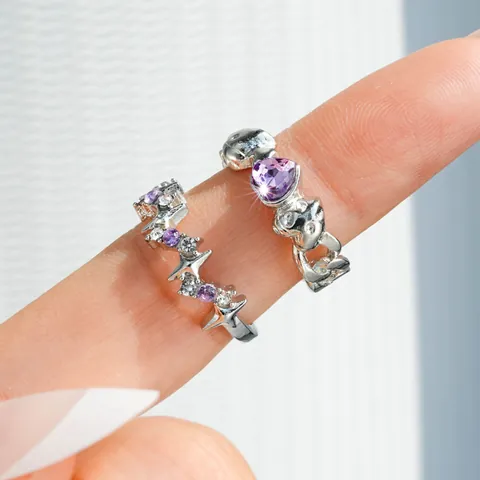 Sweet French Style Alloy Open Ring Set For Women Heart Star Purple Zirconia Bear Finger Ring Layered Jewelry Accessory