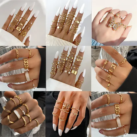 Vintage Gothic Stackable Ring Set For Women Gold Silver Alloy Heart Butterfly Pearl Bohemian Joint Finger Rings Jewelry