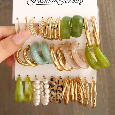 C-Shaped Hoop Earrings Set For Women Trendy Iron Resin Artificial Pearl Earrings Multi-Pack Leopard Print Marble Pattern Earrings Jewelry Gift