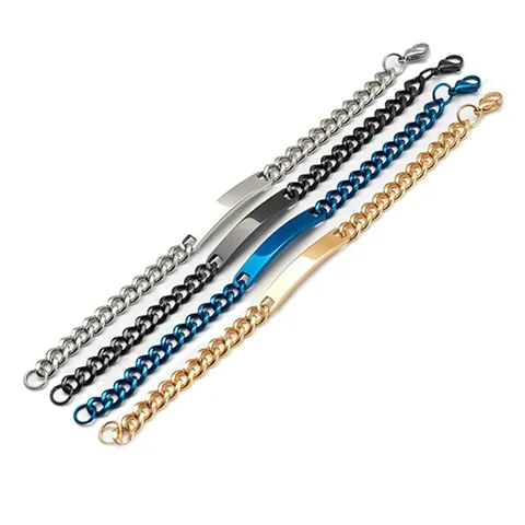 Stainless Steel Curb Chain Bracelet With Blank ID Bar Plate Polished Finish Minimalist Fashion Jewelry For Men Women
