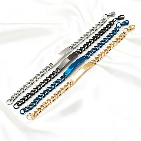 Stainless Steel Couple Bracelet Cuban Link Chain Rectangle Curved ID Plate Minimalist Fashion Jewelry Polished Bangle Gift