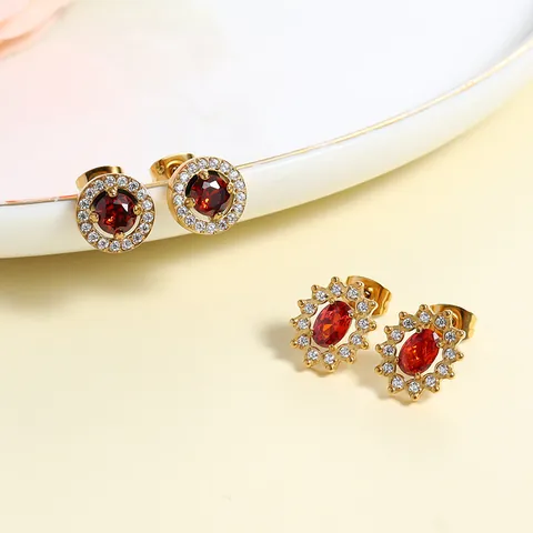 Luxurious 316 Stainless Steel Gold Plated Red Zirconia Stud Earrings Geometric Cube Shape Jewelry For Women Elegant Commute