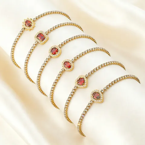 Stainless Steel Zirconia Tennis Bracelet With Red Heart Water Drop Square Oval Pendant Adjustable Chain Jewelry For Women