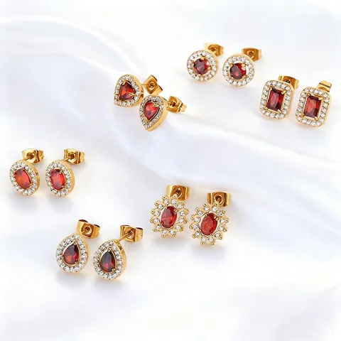 Luxurious 316 Stainless Steel Gold Plated Red Zirconia Stud Earrings Geometric Cube Shape Jewelry For Women Elegant Commute