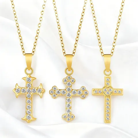 Zirconia Stainless Steel Cross Pendant Necklace For Women 18K Gold Plated Ankh Anchor Religious Jewelry Dainty Lockbone Chain