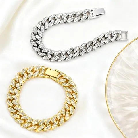 Men Hip Hop Full Rhinestone Cuban Link Bracelet 316L Stainless Steel Zirconia Inlaid Gold Silver Plated Punk Jewelry