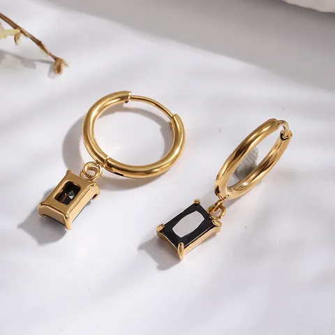 Minimalist 316 Stainless Steel Rectangular Zircon Hoop Earrings 18K Gold Plated Emerald Cut Gemstone Drop Earrings Women