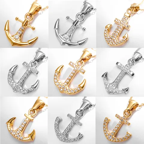 Nautical 304 Stainless Steel Anchor Pendant Necklace For Women Micro-inlaid Zirconia Gold Silver Plated Adjustable Cross Chain Jewelry Gift