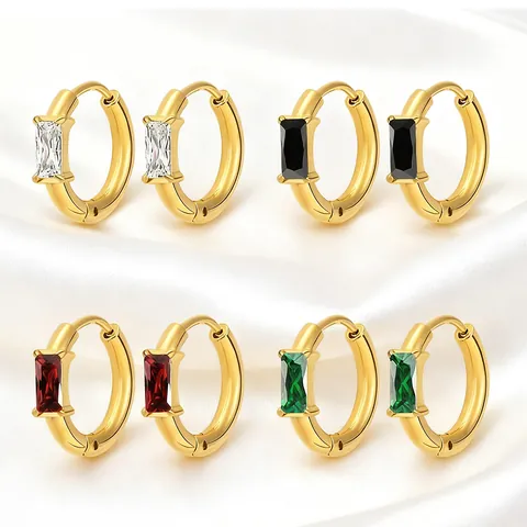 Stainless Steel Baguette Zirconia Hoop Earrings Gold Silver Minimalist Geometric Huggie Earrings For Women Fashion Jewelry