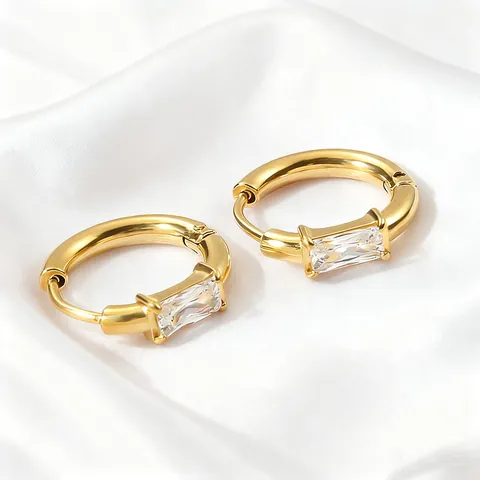 Stainless Steel Baguette Zirconia Hoop Earrings Gold Silver Minimalist Geometric Huggie Earrings For Women Fashion Jewelry