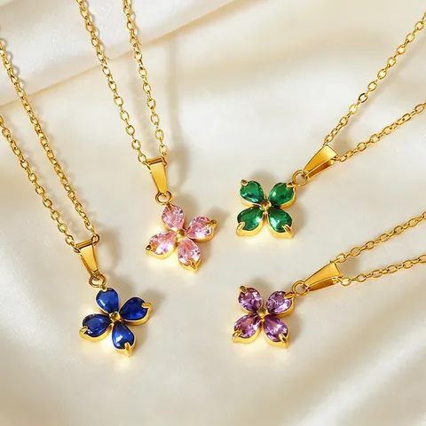 Stainless Steel Four Leaf Clover Zirconia Pendant Necklace 18K Gold Plated Lucky Flower Jewelry For Women Girls Gift