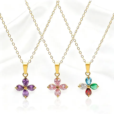 Stainless Steel Four Leaf Clover Zirconia Pendant Necklace 18K Gold Plated Lucky Flower Jewelry For Women Girls Gift