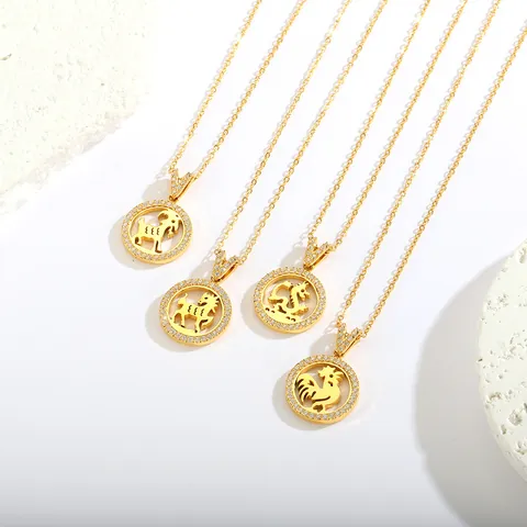 Stainless Steel Round Zodiac Pendant Necklace 18K Gold Plated Rhinestone Dragon Sheep Horse Rooster Jewelry For Women