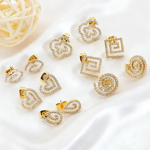 Titanium Steel Zirconia Stud Earrings Hollow Swirl Geometric Heart Clover Gold Silver Plated Women Luxury Jewelry