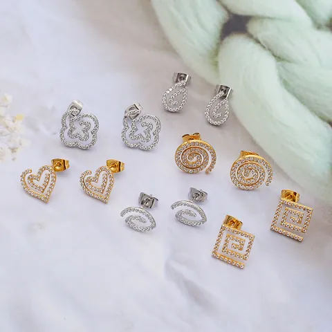 Titanium Steel Zirconia Stud Earrings Hollow Swirl Geometric Heart Clover Gold Silver Plated Women Luxury Jewelry