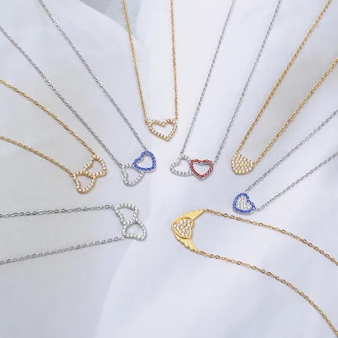 Elegant Stainless Steel Zirconia Heart Pendant Necklace For Women Angel Wing Gold Silver Plated Minimalist Fashion Jewelry