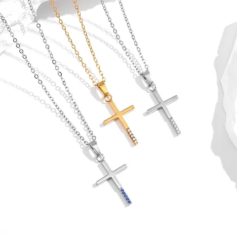 316 Edelstahl Kreuz Anhänger Halskette Mit 18K Vergoldung Eingelegter Zirkonia Französischer Vintage Religiöser Schmuck Für Damen