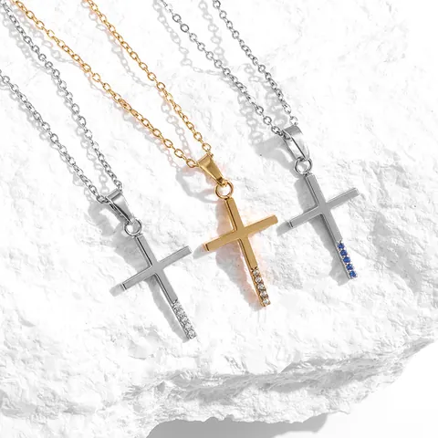 316 Edelstahl Kreuz Anhänger Halskette Mit 18K Vergoldung Eingelegter Zirkonia Französischer Vintage Religiöser Schmuck Für Damen