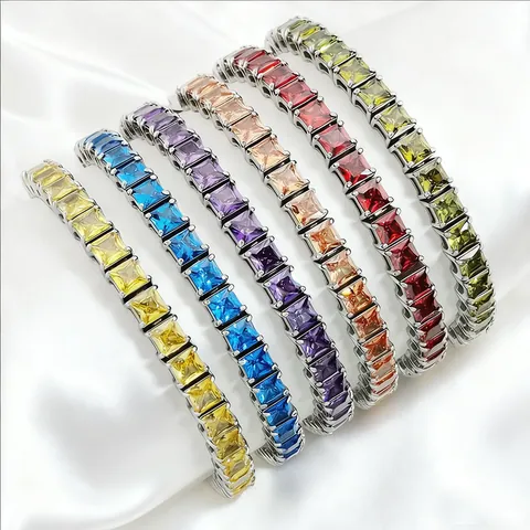 Stainless Steel Colorful Square Zirconia Tennis Bracelet Princess Cut Sparkling Cubic Zirconia Chain Bracelet For Women Wedding Party Jewelry