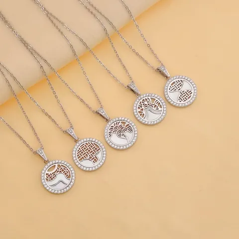 18K Gold Plated Titanium Steel Round Plate Pendant Necklace For Women Zirconia Hollow Carving Shell Inlay Jewelry