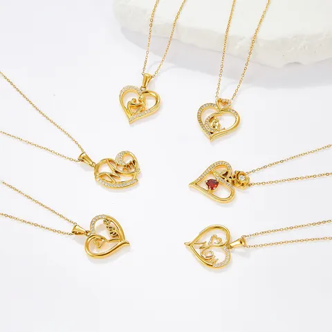 Heart Pendant Necklace For Women Stainless Steel Rose Flower Love Mom Heart Zirconia Inlaid Gold Silver Jewelry Gift