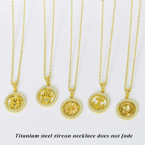 Titanium Steel Zircon Pendant Necklace 18K Gold Plated Hollow Hamsa Tree of Life Lotus Clavicle Chain Jewelry For Women
