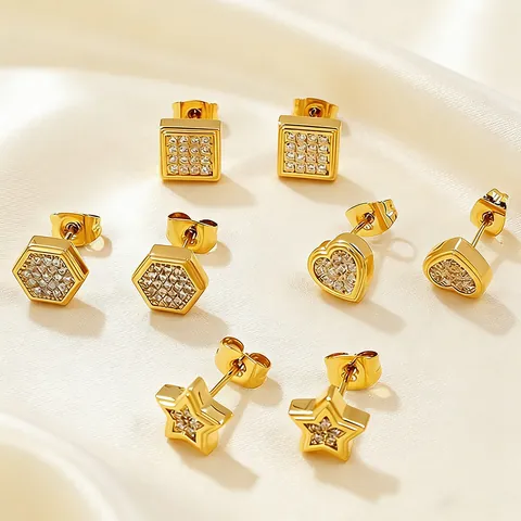Geometric Titanium Steel Stud Earrings With Stainless Steel Earring Post Pave Zircon Heart Star Square Jewelry For Women