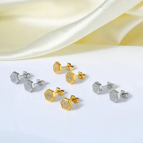 Geometric Titanium Steel Stud Earrings With Stainless Steel Earring Post Pave Zircon Heart Star Square Jewelry For Women