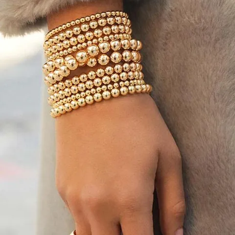 Bracelet Élastique Minimaliste CCB en Perles Rondes pour Femmes Plaqué Or Argent Bijoux de Mode Bracelet Empilable